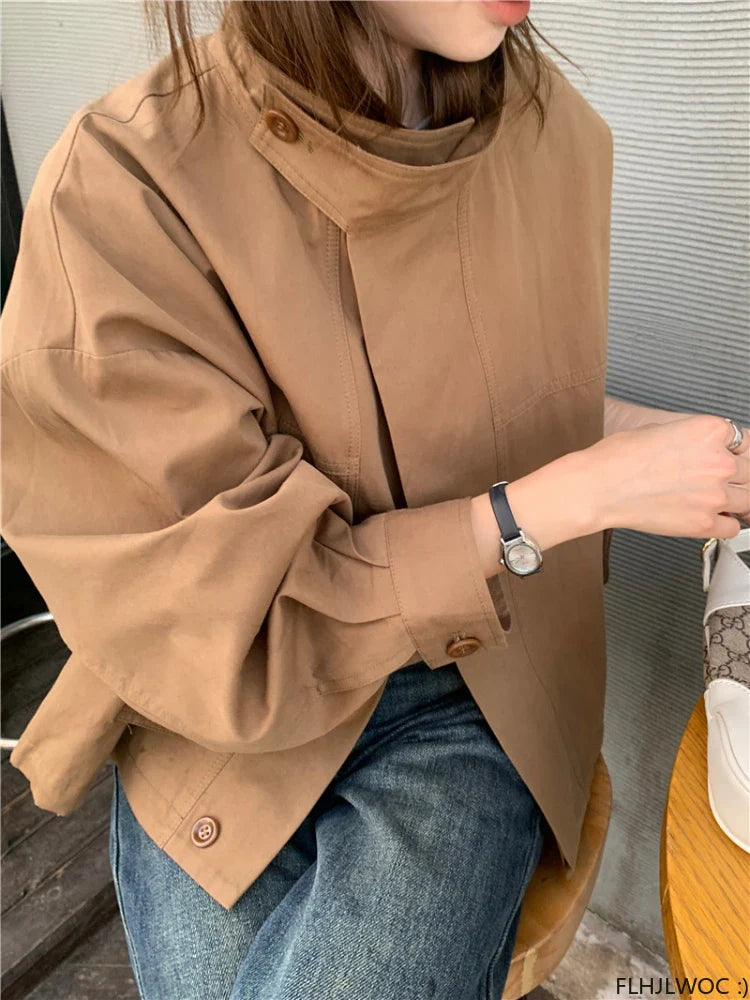 Korea Short Outerwear Woman Casual Loose Lazy Chic Long Sleeve Cotton Blends Windbreaker Coats Thin Thench