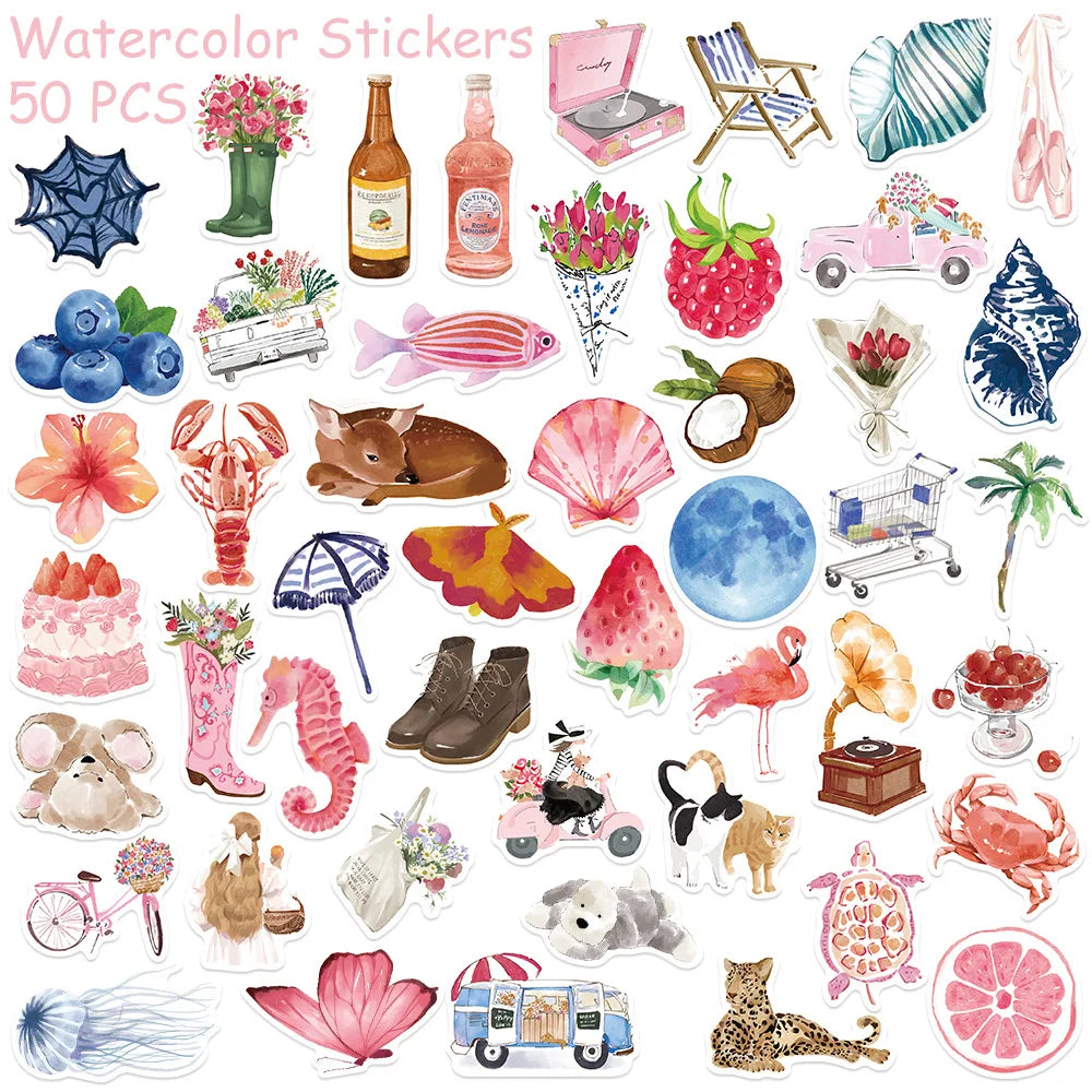 50/100pcs Watercolor Dairy Stickers Decals For Phone Laptop Scrapbook Luggage Helmet DIY Graffiti Aesthetic Stickers Gifts