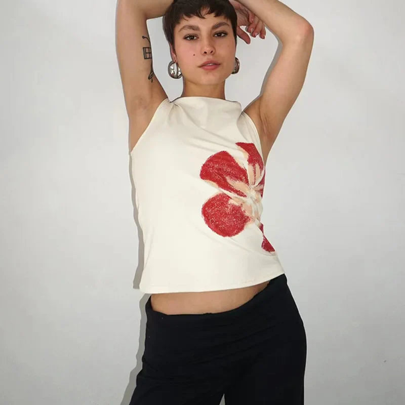 2025 New Fashion Women's Crop Tank Tops Fitted Flower Print Boat Neck Sleeveless Summer Tops for Party Club