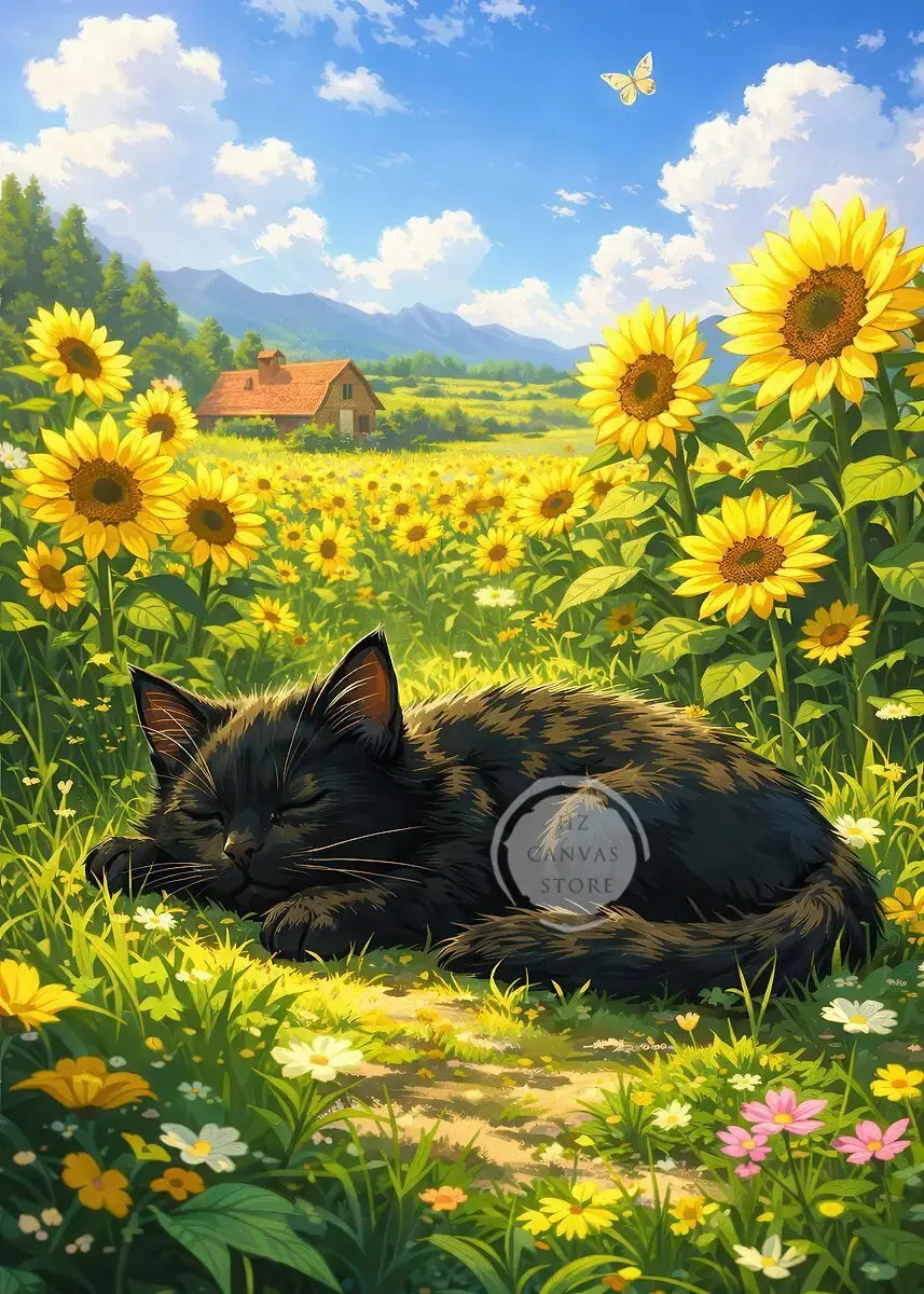 Cute Kittens Various Scenes Poster Funny Baby Cat in Daisy Field Watching Sunset on Beach Sleeping Canvas Print for Home Decor