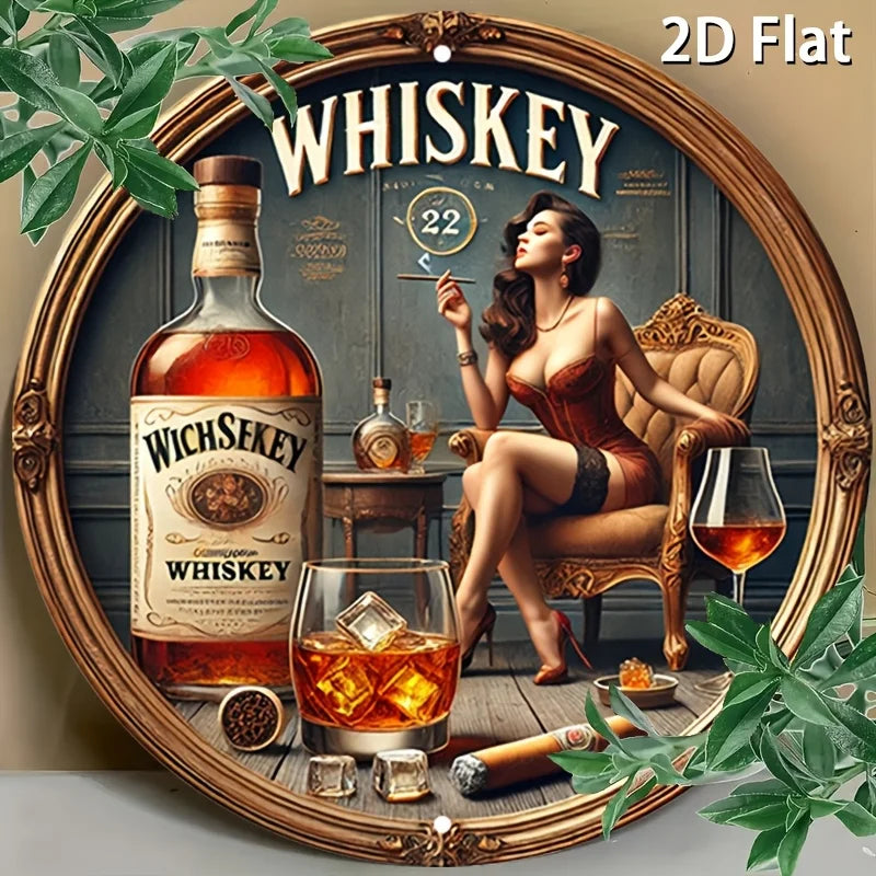 1pc Vintage Whiskey-Themed Round Metal Sign - Female Whiskey Lady & James Bond-Inspired Logo Design, Scotch & Bourbon Art