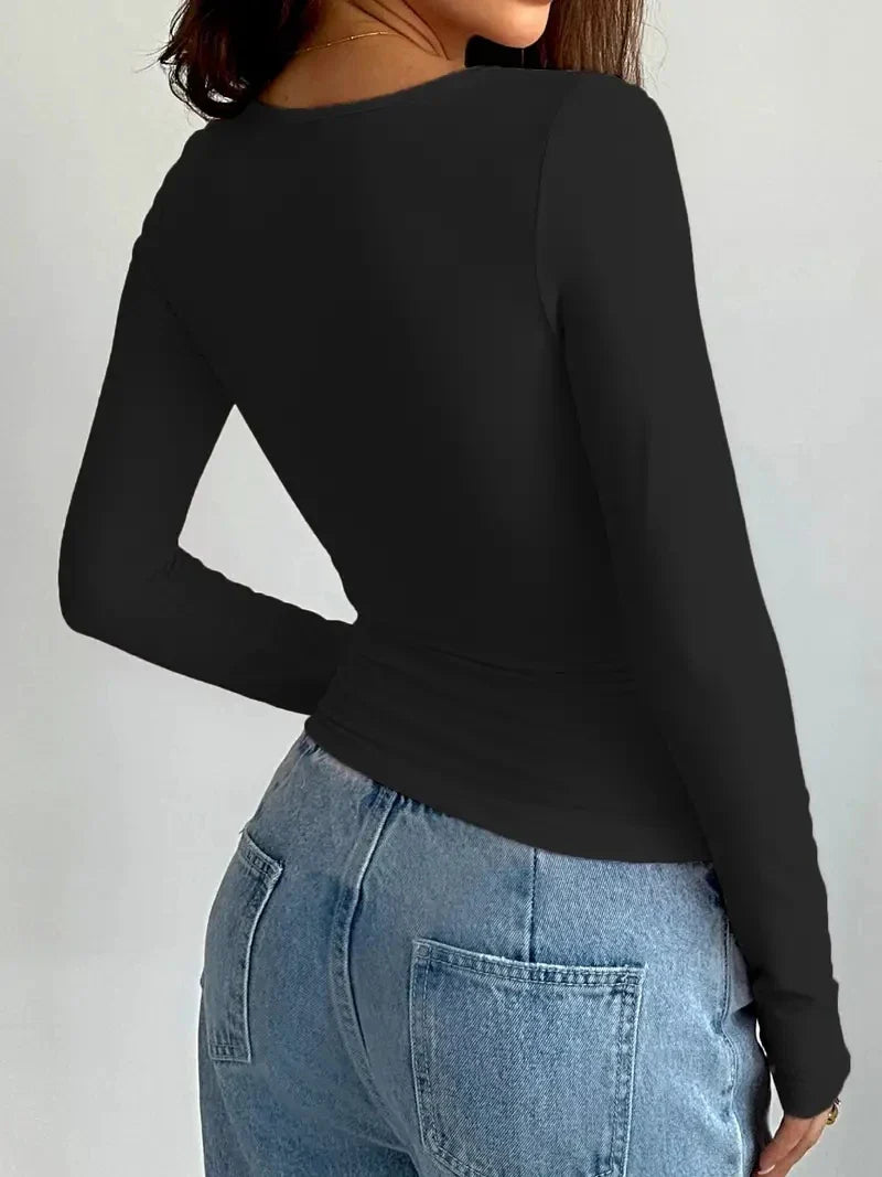 2026 Summer Solid Crew Neck T-Shirt Casual Long Sleeve Top For Spring & Fall,Women's Clothing