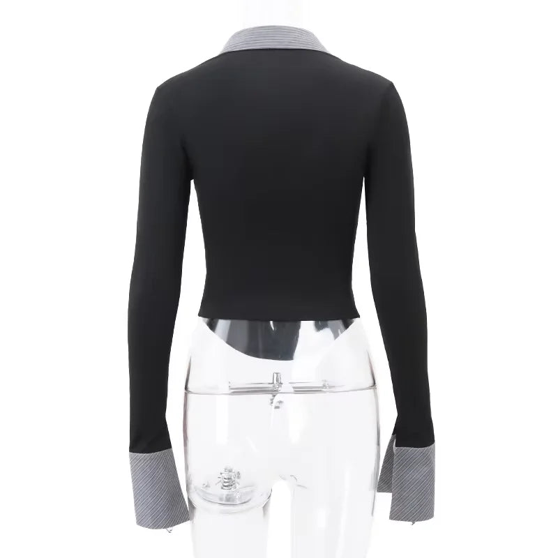 2025 Autumn Striped Polo Collar Contrast Crop Top Slim Fit Bodycon Knit Tops - Spicy Girl Outfits for Club/Streetwear/Daily Wear