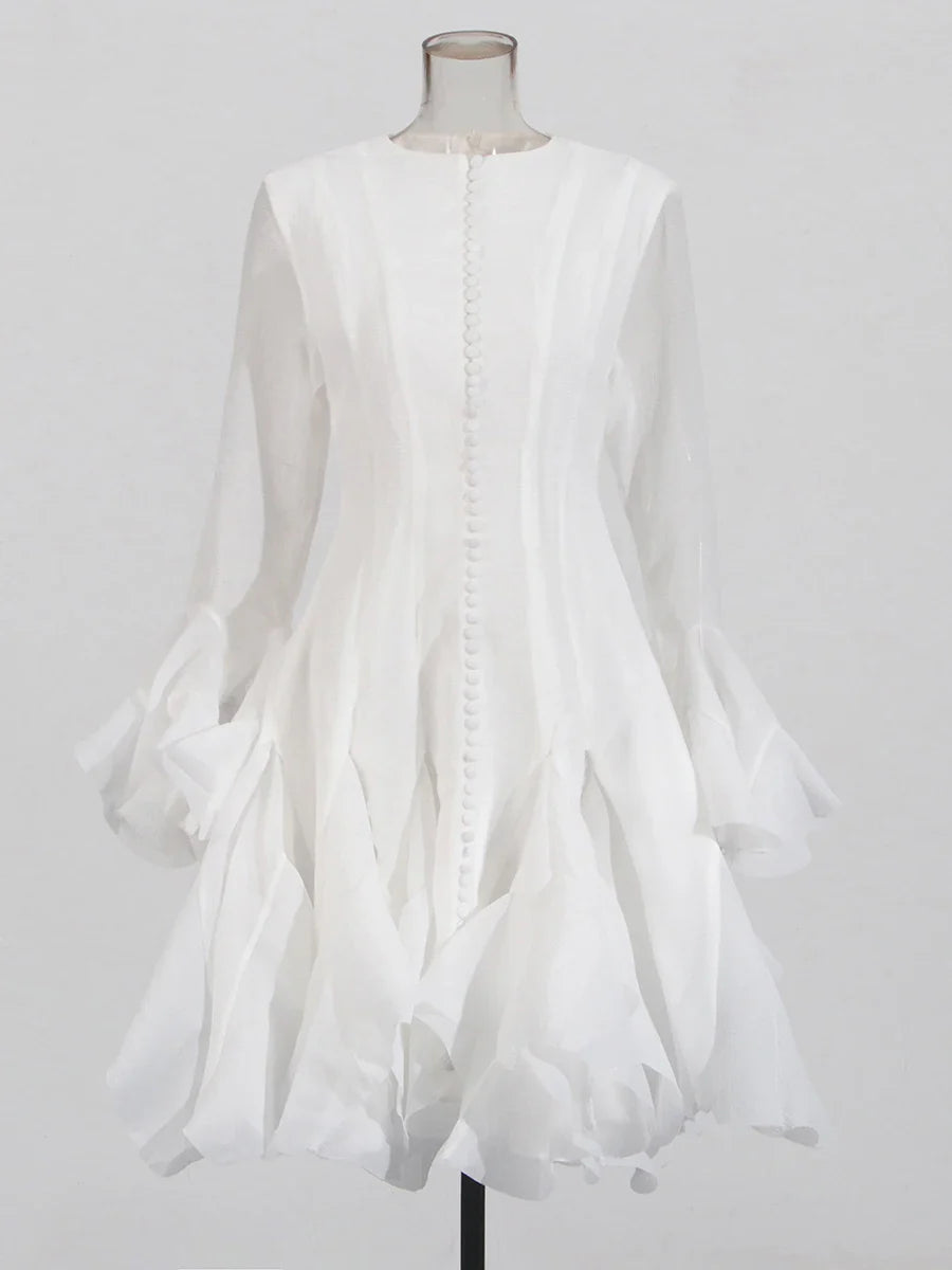 TWOTWINSTYLE Solid Long Dresses For Women Round Neck Flare Sleeve High Waist Slim A Line Spliced Ruffles Dress Female Fashion