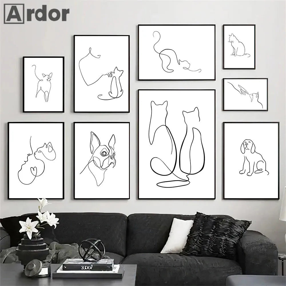 Abstract Pet Dog Cat Poster Canvas Painting Line Drawing Wall Poster Black White Minimalist Art Prints Nordic Picture Home Decor