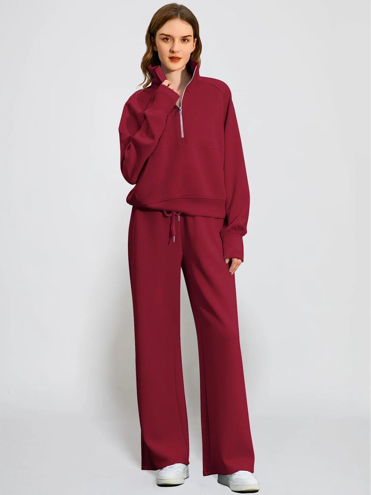 Woman Solid Color Half Zip Long Sleeve Sweatshirt and Wide Leg Pants Set Casual Sporty Two Piece Outfit
