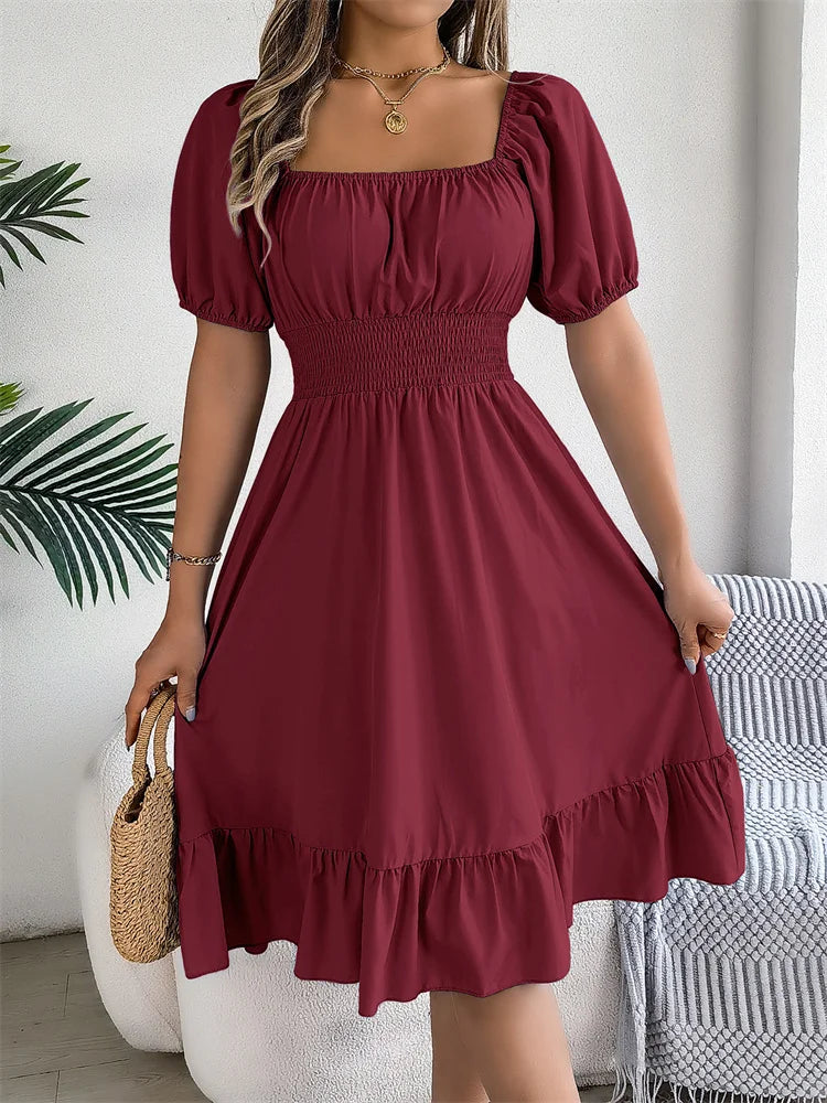 Msfilia Leisure Square Collar Spring Summer Dress Women Short Sleeve Loose Waist Design Lotus Leaf A-shaped Print Dress