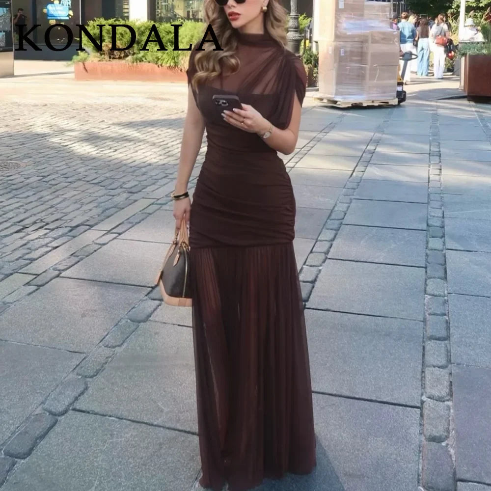 KONDALA 2026 Spring Summer Elegant Women Dresses Wedding Guest Ladies Patch Work Tulle Dresses Valentine‘s Day Woman Dresses