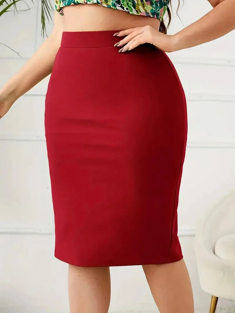 2026 Summer Plus Size Solid Slim Skirt, Casual High Waist Slit Skirt, Women's Plus SizeClothing