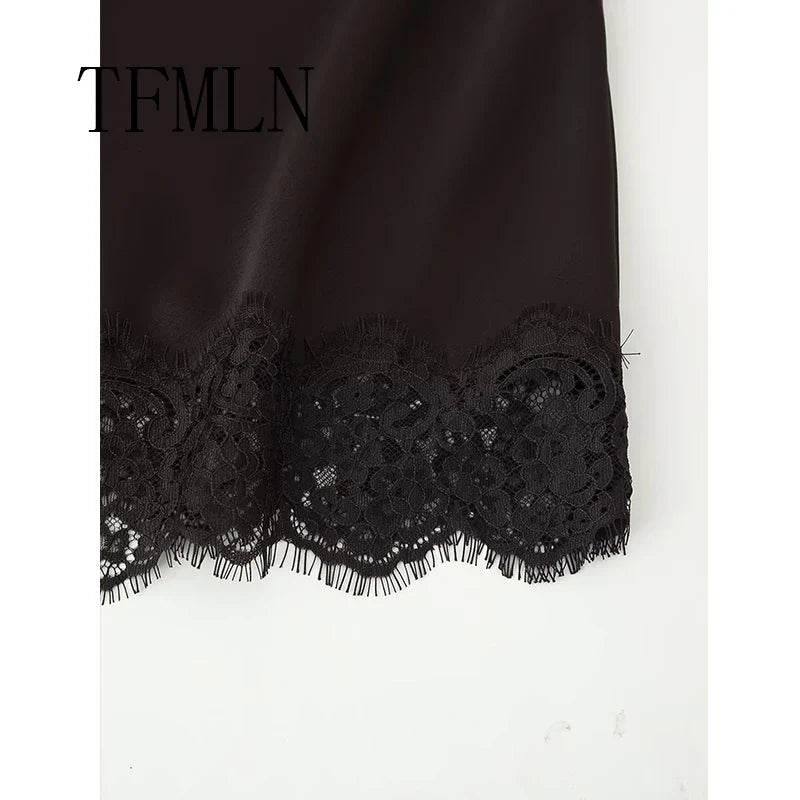 TFMLN Elegant Lace Splice Satin Half Skirt Women's Fashion Wrap Around Long Skirt High Quality Feel New 2025 Style