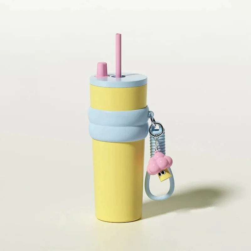 24oz Portability Tumbler with Handle Straw Lid Large Volume Stainless Steel Vacuum Insulated Cup Keep Cold Travel Mug