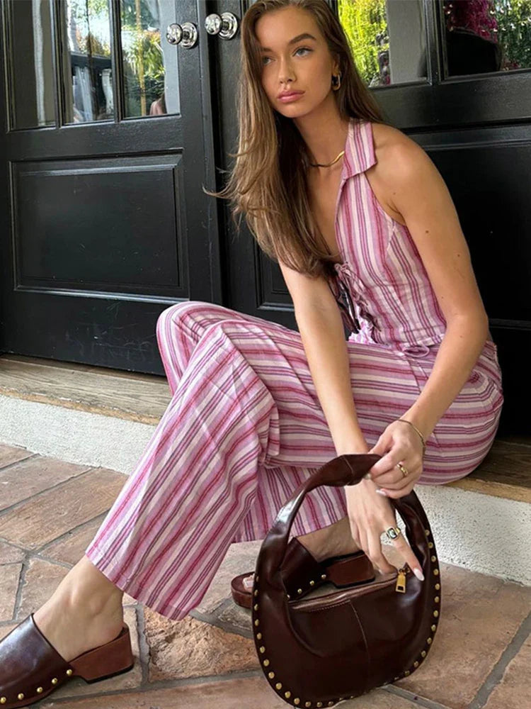 Striped Lace Up Vest Pants Set Women Sleeveless Backless Top High Waisted Trousers Sets Female 2024 New Lady Streetwear Outfit