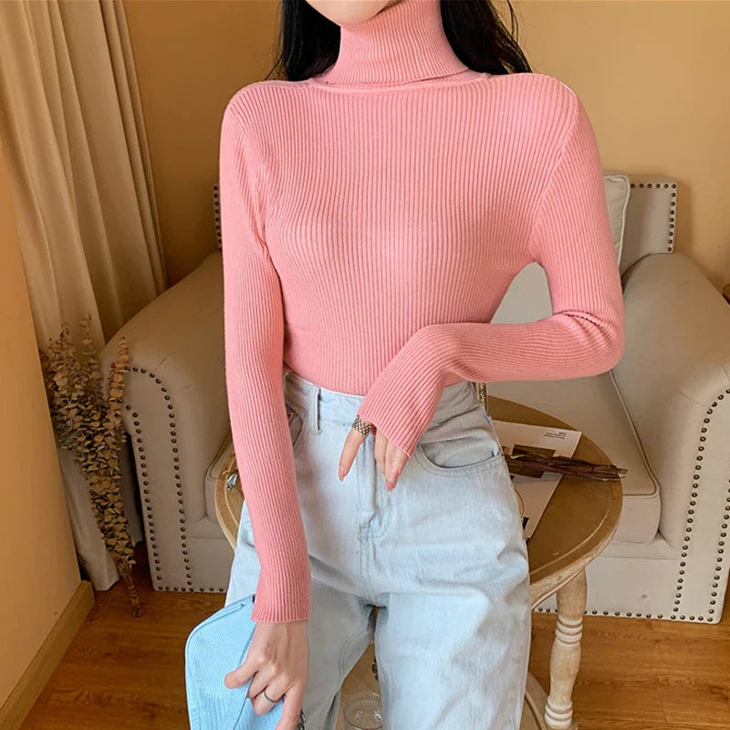 2026 Autumn Winter Women Long Sleeve Knitted Foldover Turtleneck Ribbed Pull Sweater Soft Warm Femme Jumper Pullover Clothes