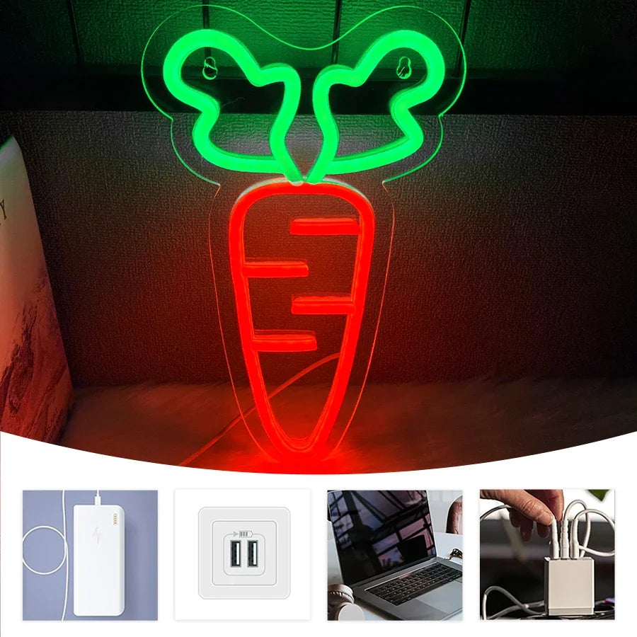 Carrot Led Neon Sign, Vegetable Wall Art Decor, Usb Powered, Used For Bedroom, Home, Restaurant, Kitchen, Bar Party Wall Lamp.