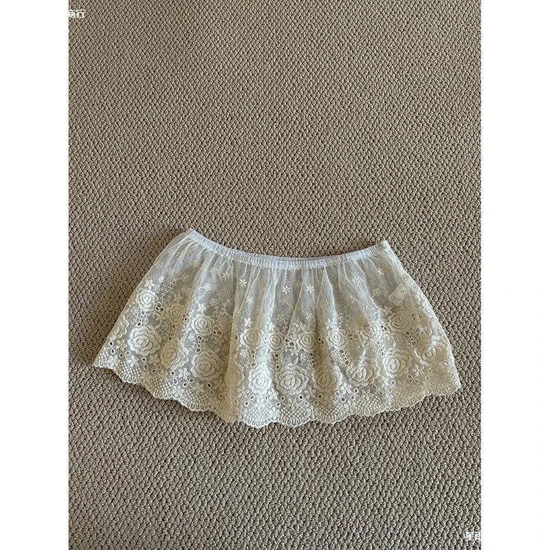 Solid Harajuku White Beige Mesh Lace Skirt Y2k Korean Girl Stacked Skirt Chic Apron Wrap Skirt Lace Up Matching Pants Streetwear