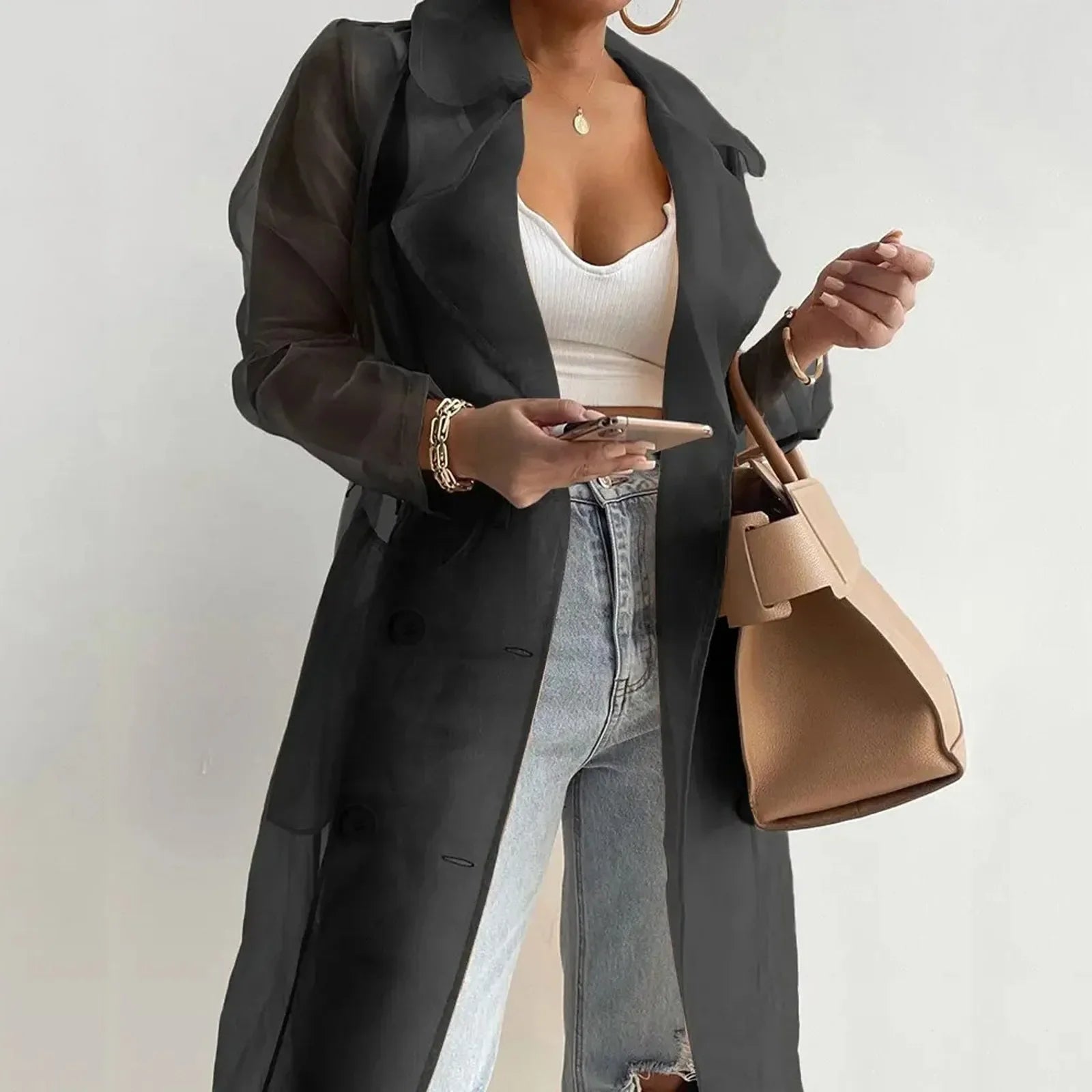 Women Organza See Though Sunscreen Long Sleeve Trench Summer Autumn Fashion Double Breasted Long Coat With Belted Tops Outwear