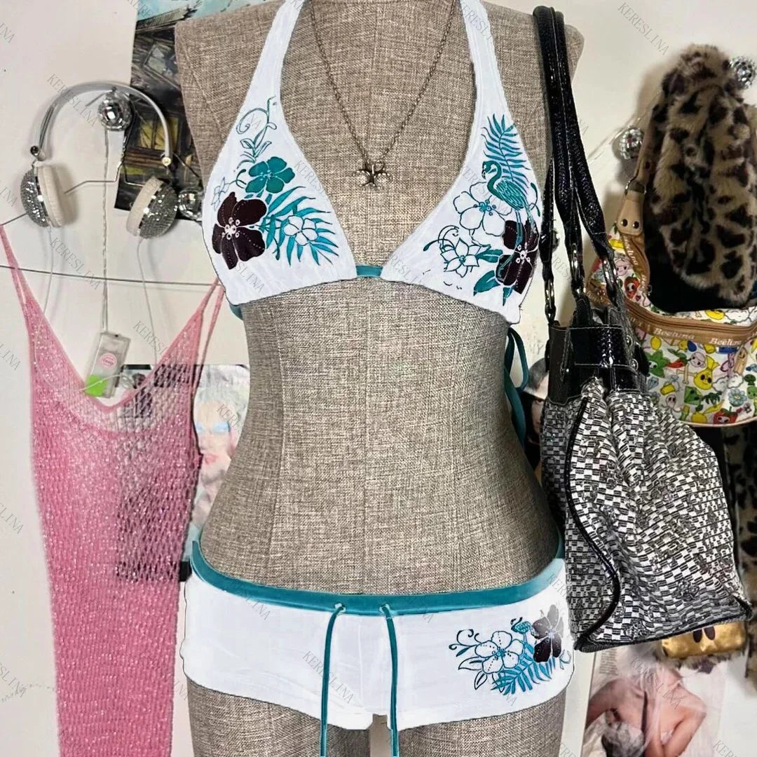 Vintage Flower print Cutie 2 set Bikini 2000s Swimsuit Sexy Women Bathing Fashion Halter Strap Swimwear High Street Beach Female