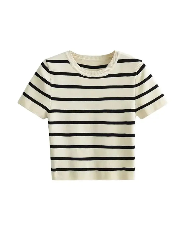 Women Fashion Striped Basic Cropped Knit Sweater Vintage O Neck Short Sleeve Female Pullovers Chic Tops