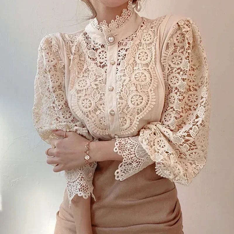 New Women's Long Sleeve High Neck  Chic Blouse, Lace Paneled Hollow Sleeve Elegant Top, Vintage Fashion Office Lady Outfits
