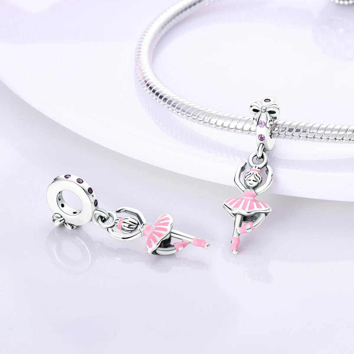 Fit Original Bracelet 925 Silver Ballet Girl Red High Heels Charms Pendants For Women Jewelry Making Gift