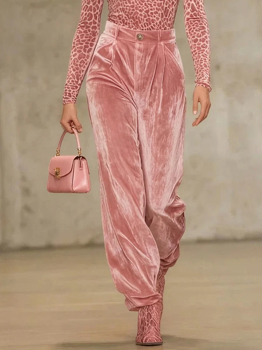 Bonboho Women's Pink Velvet High Waist Pants Buttoned Loose Fit Full Length Trousers 2026 Stylish Pleated Pants Matching Bottoms