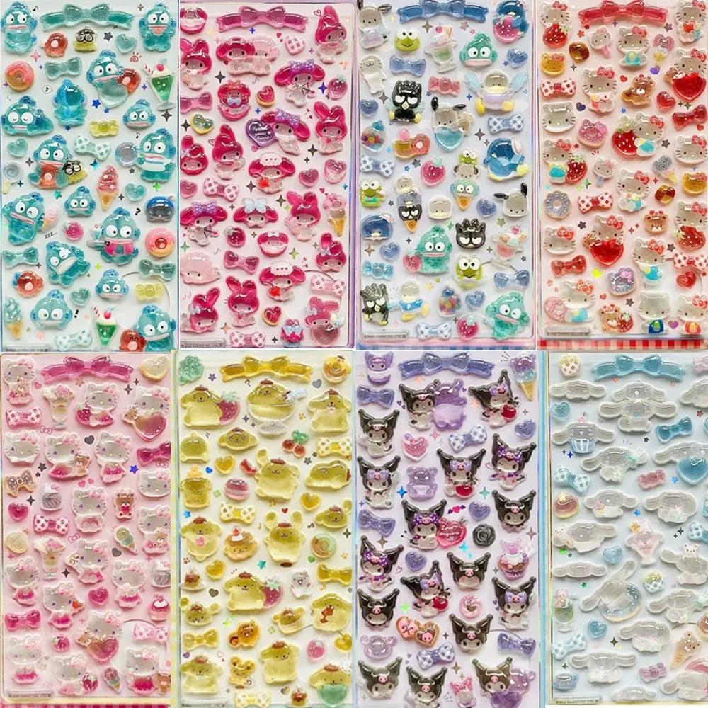 3D Sanrio Hellokitty Kuromi Cinnamoroll Stickers Cute Anime Transparent Jelly Crystal Decorative Sticker Phone Case DIY Kids Toy