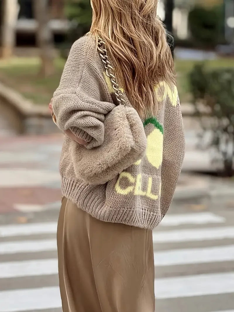 Women's fashionable casual long sleeved button sweater cardigan soft and comfortable loose lantern sleeve lemon knit sweater