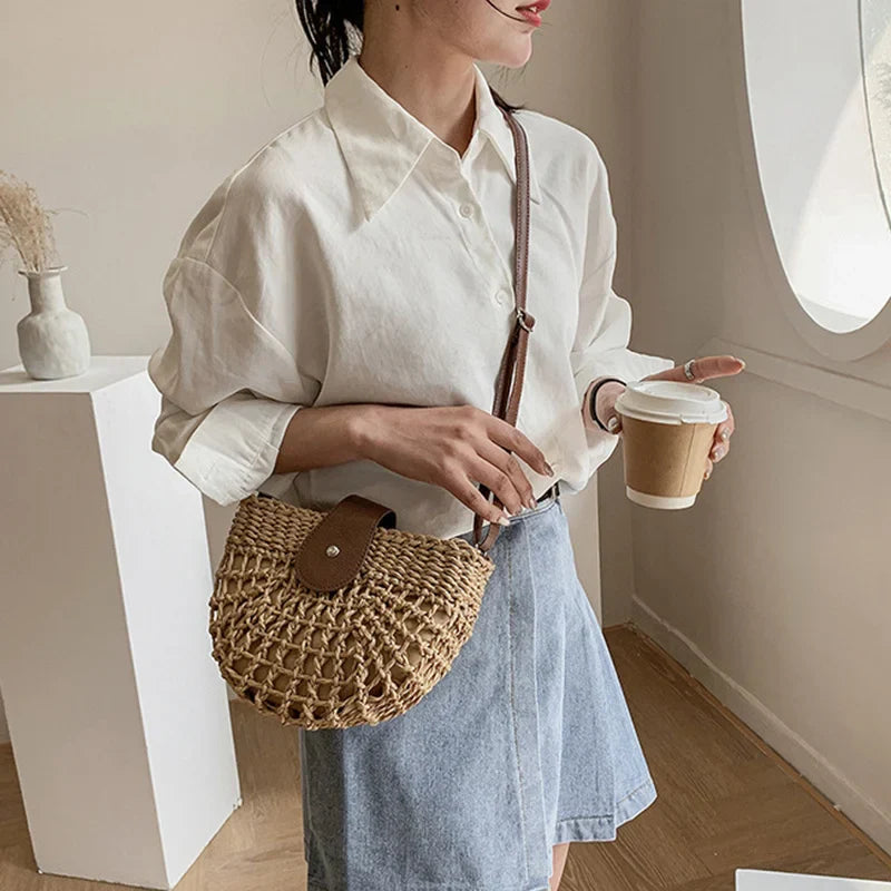 Crossbody Bags Summer Straw Bag Fashion Semicircle Crossbody Bags Rattan Handmade Messenger Handbag Travel Beach Bags Tote