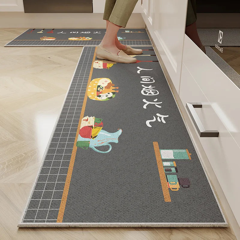 VIKAMA 1/2PC Cartoon Easy To Manage Kitchen Floor Mat Home Long Crystal Velvet Carpet Dirt Resistant and Non-Slip Floor Mat