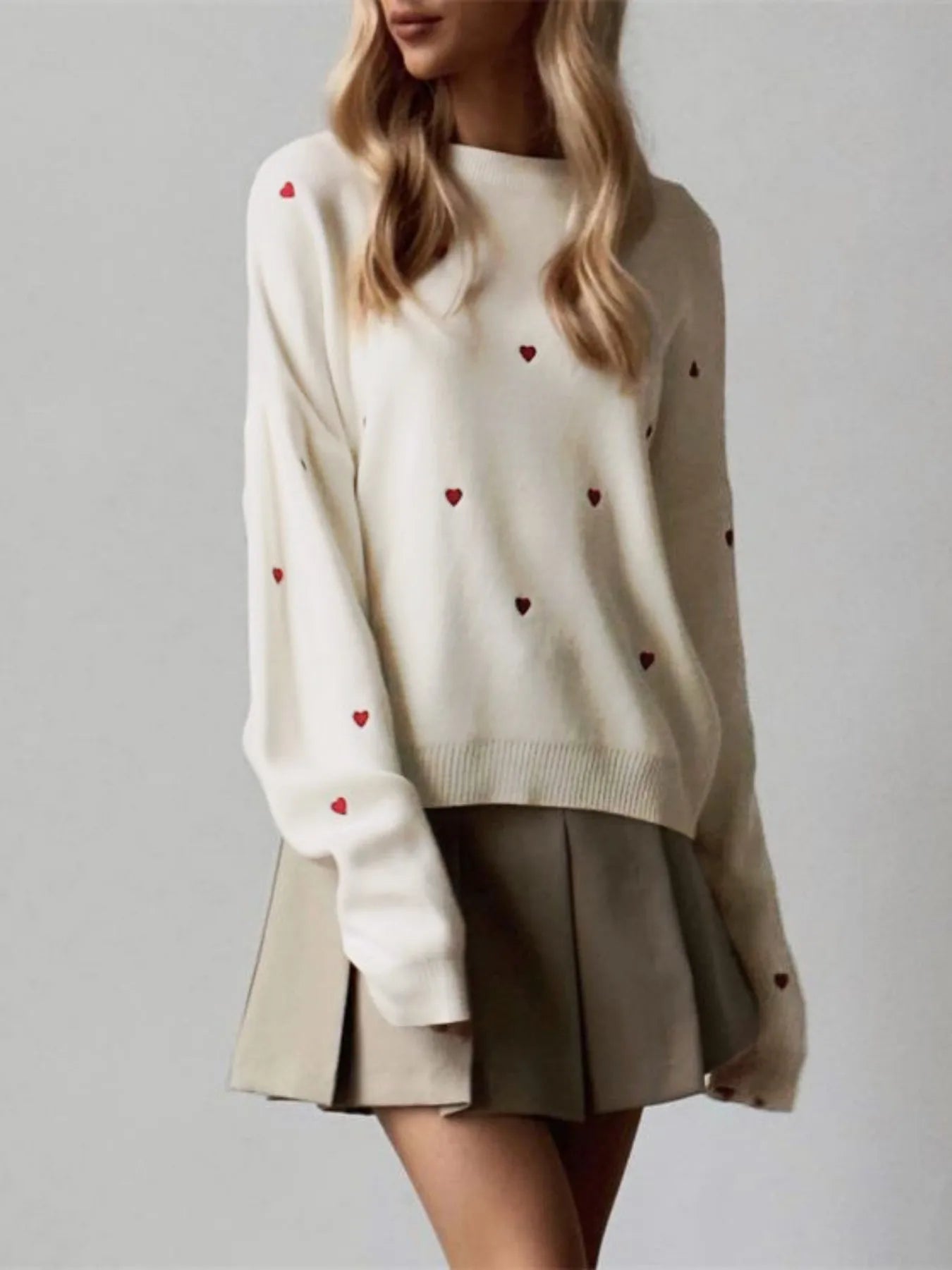 Women's Cream Red Heart Embroidered  Knit Sweater Crew Neck Long Sleeve Casual Pullover Fashion Comfortable Top
