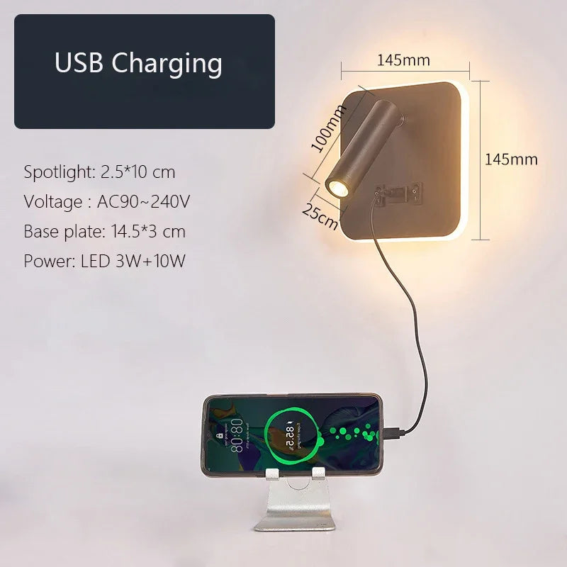 Modern Minimalist Led Wall Lamp USB Charging Indoor Bedroom Lamp Hotel Bedside Reading Lamp Wall Lights Sconce Switch AC 90~240V