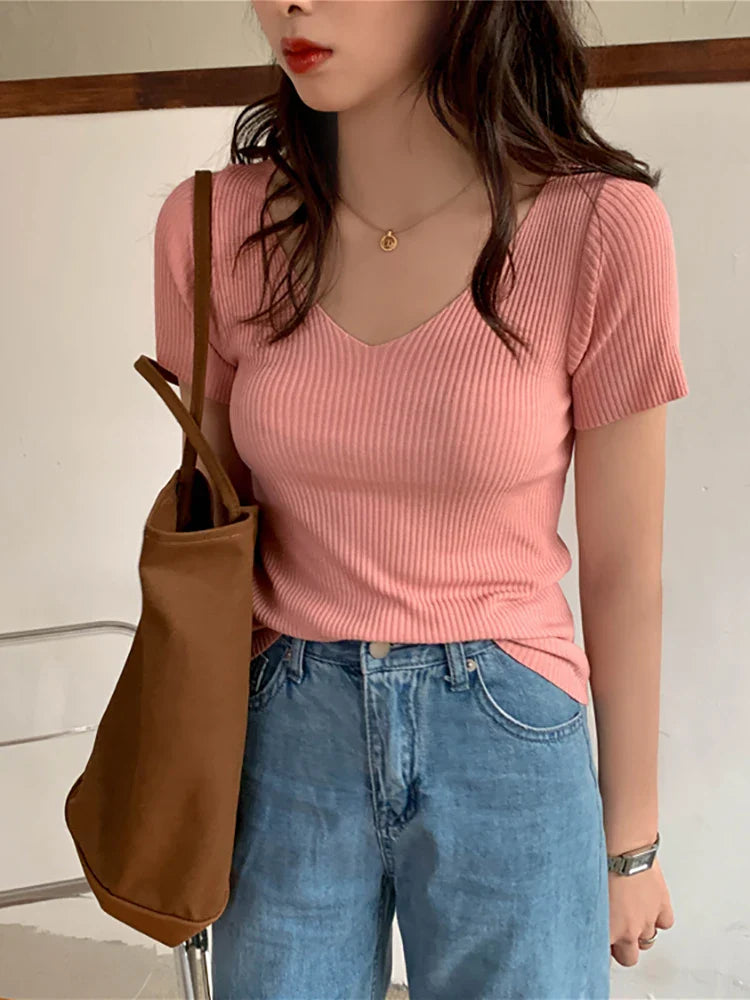AOSSVIAO 2026 Basic V-neck Solid Thin Summer Pullover Women Female Knitted Ribbed Sweater Slim Short Sleeve Bodycon Sweater