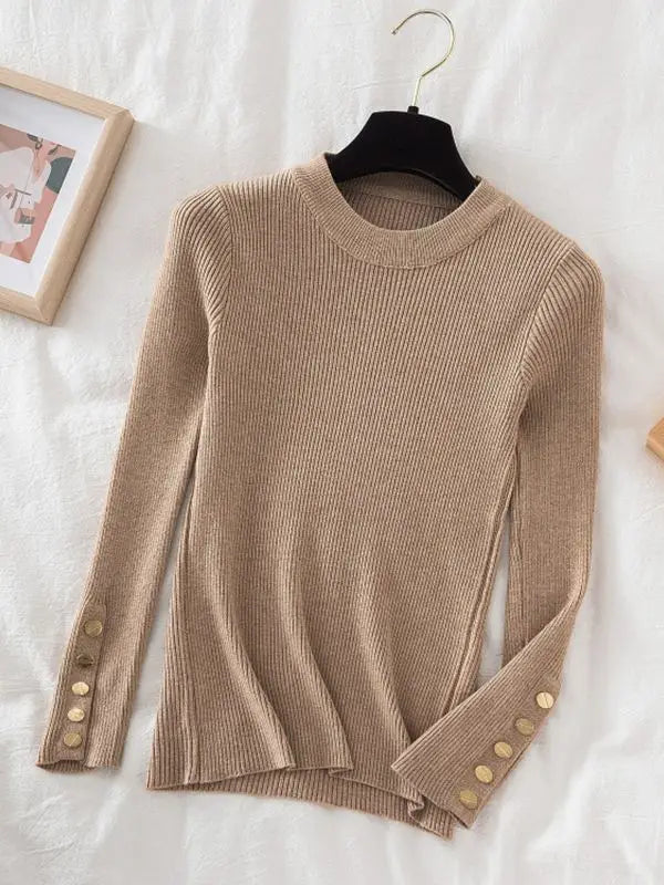 2026 women thick sweater pullovers khaki casual autumn winter button o-neck chic sweater female slim knit top soft jumper tops