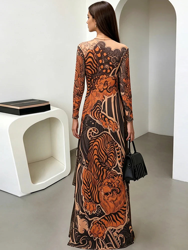 Weird Puss See Through T-Shirts Women Tiger Print Long Sleeve High Neck High Slits High Elastic Skinny Trend Street Hipster Tops