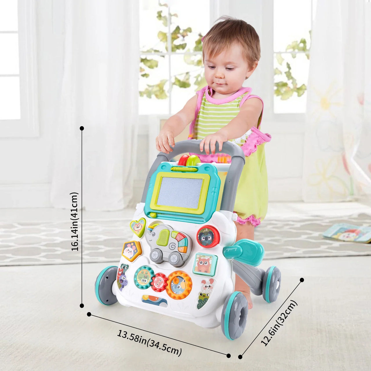 Cartoon Baby Push Walker Toy with Drawing Board Music Multifunction Activity Infant Learning Walk for 6-15 Months Toddler Walker