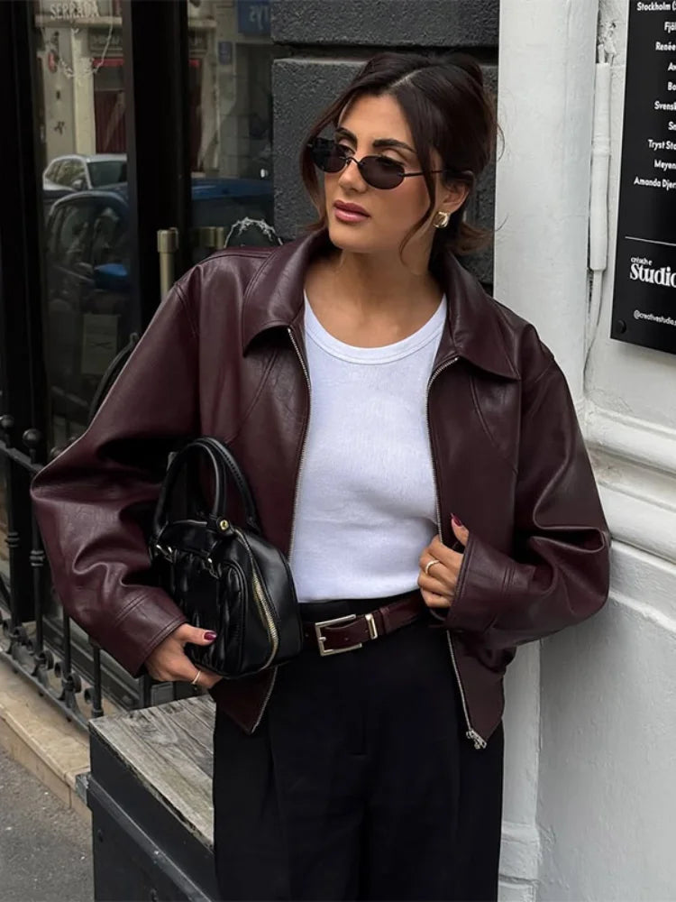 Full Sleeve Cropped Wine Red Leather Jacket Women Casual Slim Thin Pu Motorcycle Coat Zipper Lapel Lady New Highstreet Outwear