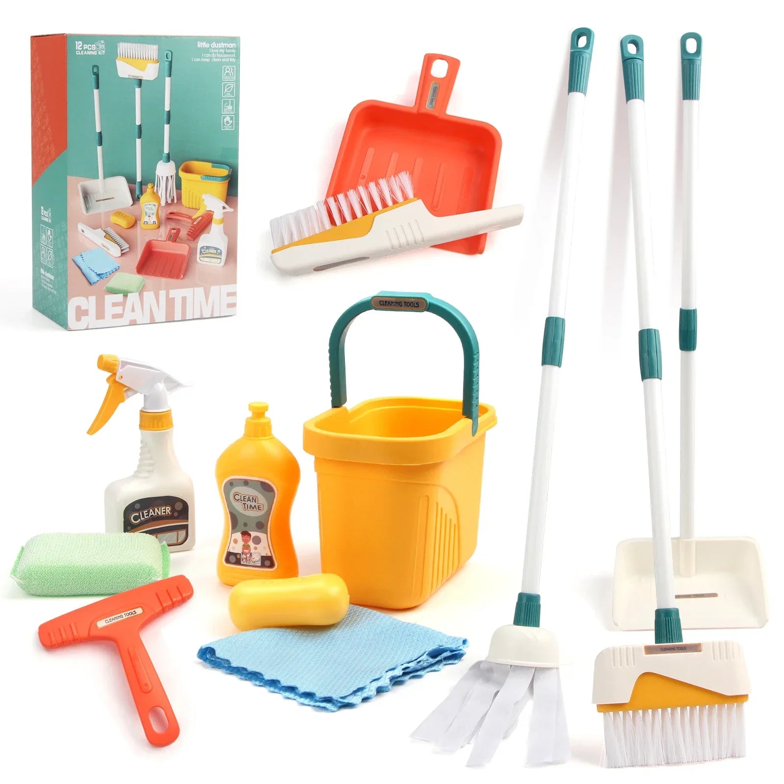 12pcs/set Kids Cleaning Set Housework Supplies Kit Play House Toys with Dustpan Broom Bucket Mop Cleaning Set for Girls & Boys