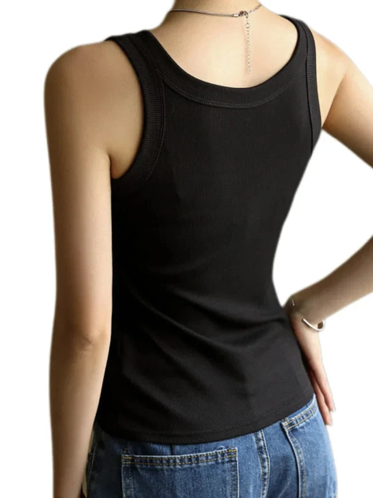 Women Square Collar Wide Straps Fitness Sexy Knitted Tank Top Camisole Solid Color Breathable Cool Vest Summer Trend Tops Female