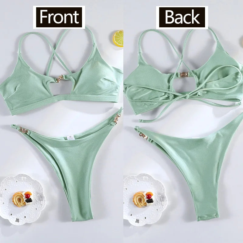 Miyouj Bandage Swimwear Summer Swimsuit High Cut Bikini Set Solid Sexy 2-Piece Suit New Bathsuit Hollow Out Thongs Beachwear