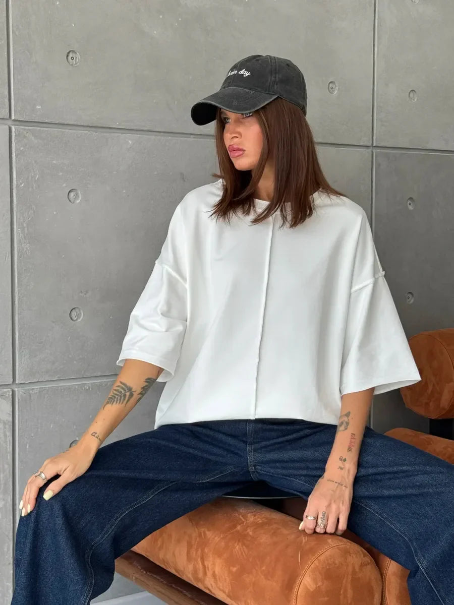 Hirsionsan Summer Casual Oversized T-shirts Women 100% Cotton Pink Loose Tees 2025 New Cusual Solid O Neck Female Aesthetic Tops