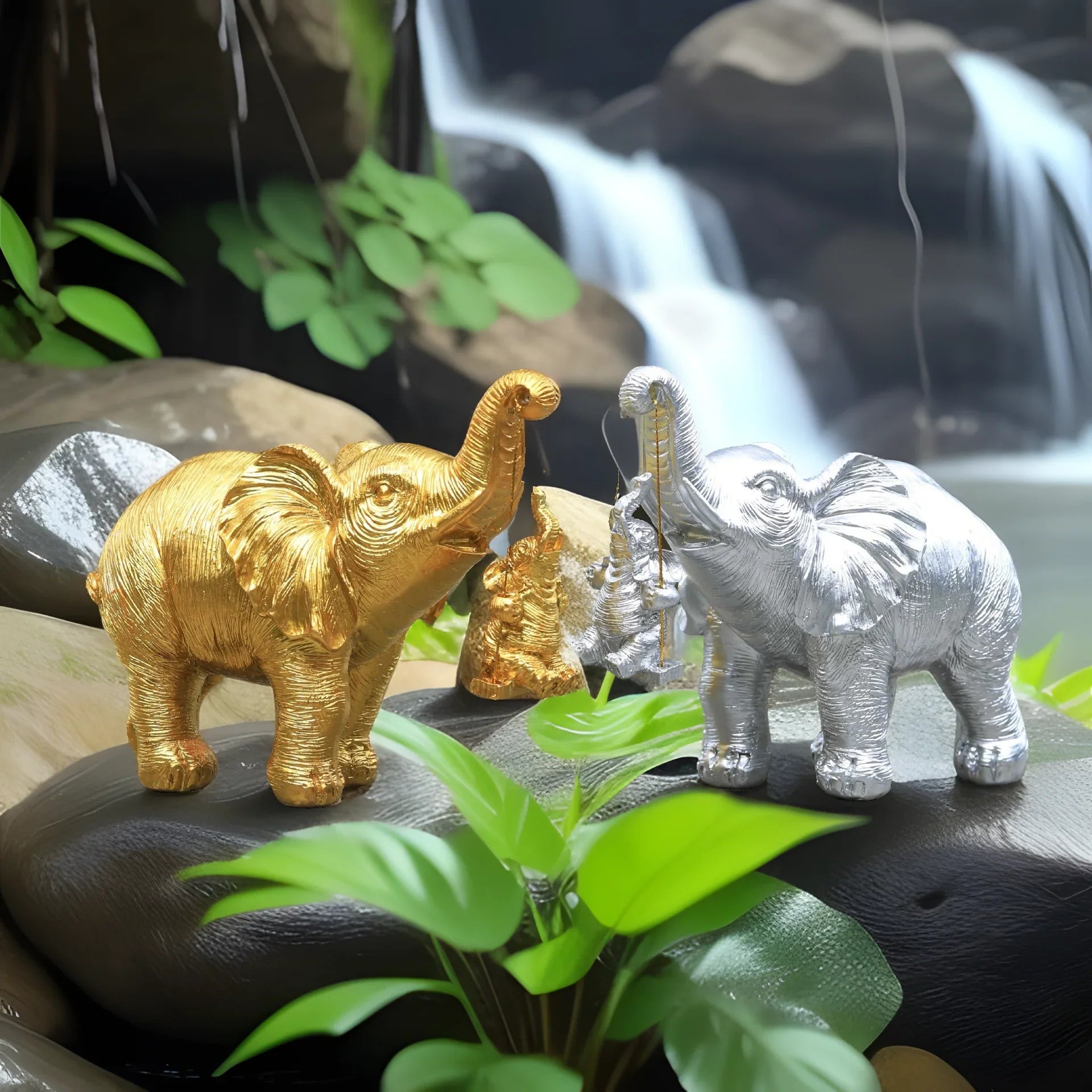 1 Piece of Gold and Silver Mother and Child Elephant Statue Ornament, Mother Holding Baby Elephant in a Warm Pose, Living Room Tabletop, Home Decor Creative Display Item