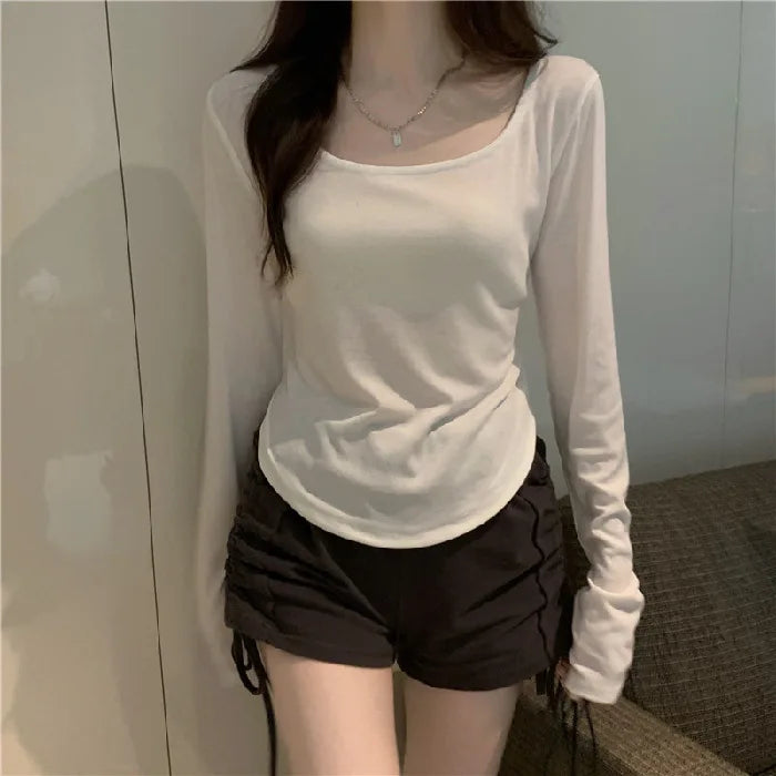 Women's temperament elegant bottoming thin section long-sleeved T-shirt irregular Slim short tops bottoming shirt
