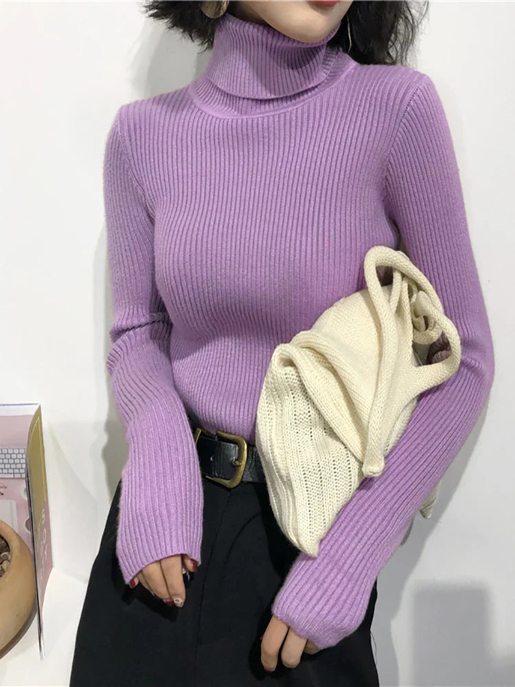 2026 Autumn Winter Thick Sweater Women Knitted Ribbed Pullover Sweater Long Sleeve Turtleneck Slim Jumper Soft Warm Pull Femme