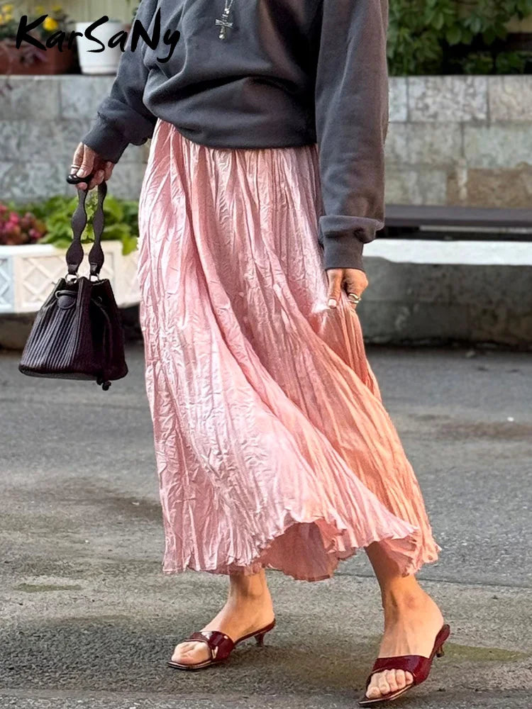 KarSaNy Long Pleated Skirts For Woman High Waist Large Hem White Skirt Summer Women's A Line Maxi Skirts For Women 2026 Long