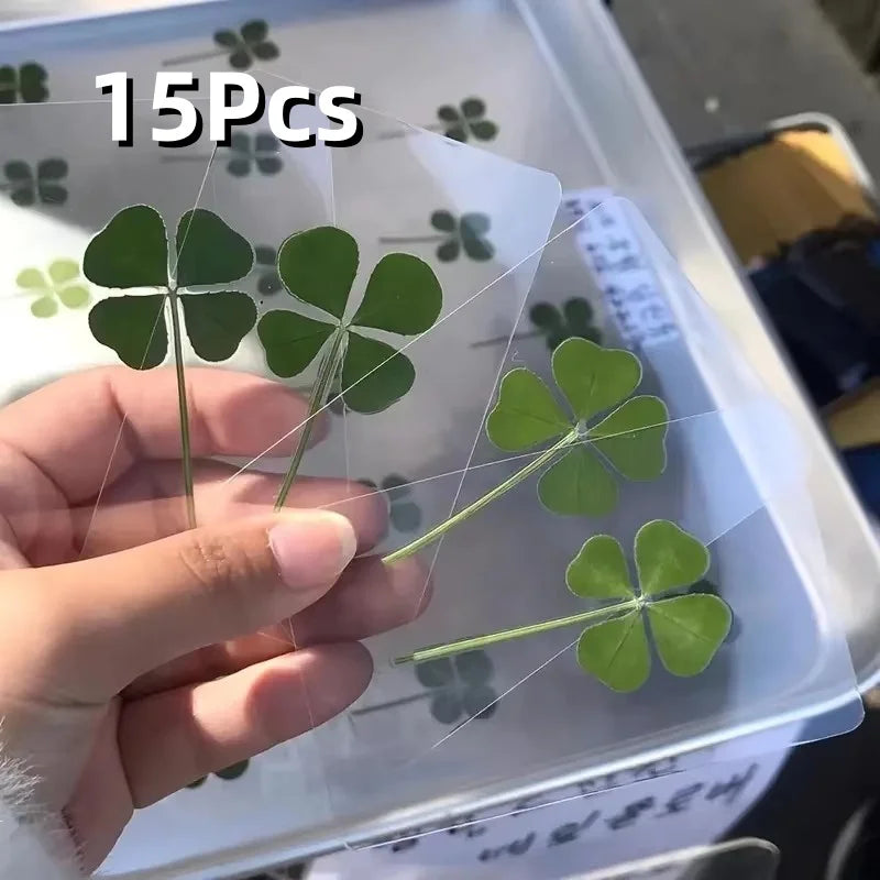 15Pcs Lucky Simulation Four-Leaf Clover Postcards Shamrock Stems Transparent Wishing Cards Ideal for Bookmarks & Decorations