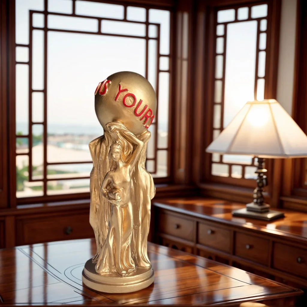 1 Piece of Light Luxury Three-Person Ball-Holding Art Ornament, Golden Texture, Ball Engraved with the World Is Yours, Inspirational Atmosphere Display Piece for Living Room Tabletop