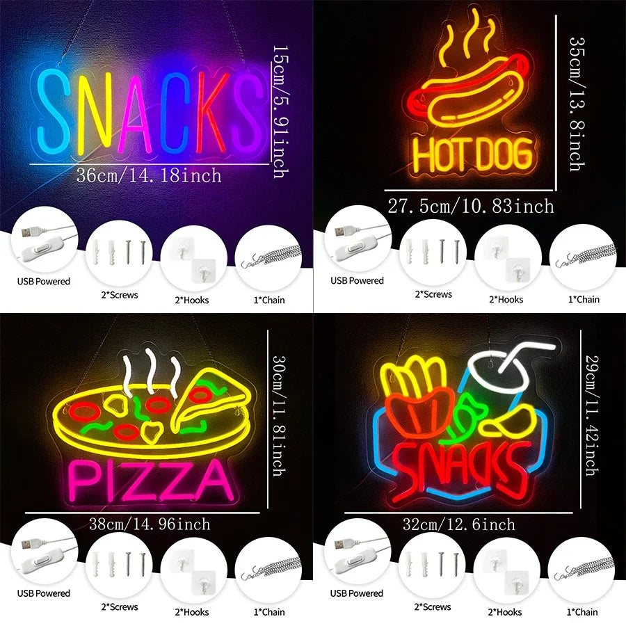 Fast Food Neon Signs, Pizza And Hot Dog Food Icons, Usb Powered, Used For Store, Kitchen, Fast Food Restaurant Wall Decor.