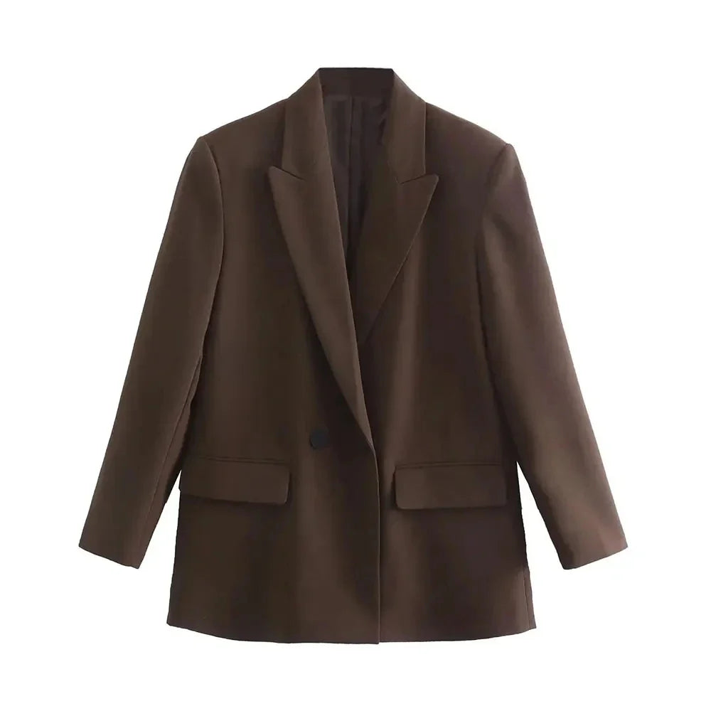 Women Fashion Double Breasted Loose Fitting Blazer Coat Vintage Long Sleeve Pockets Female Outerwear Chic Veste Femme