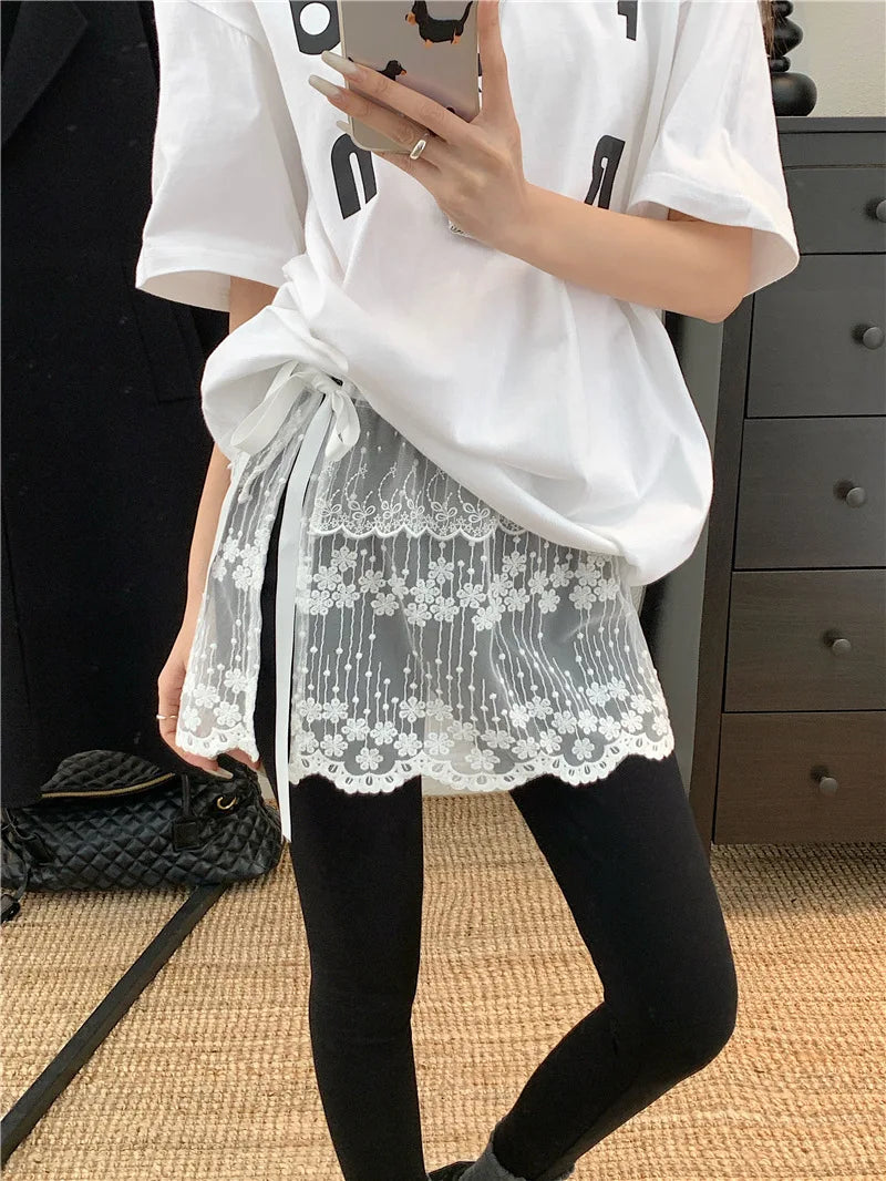 Solid Harajuku White Beige Mesh Lace Skirt Y2k Korean Girl Stacked Skirt Chic Apron Wrap Skirt Lace Up Matching Pants Streetwear