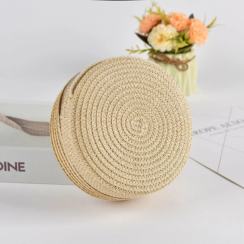 Summer Round Straw Bag For Women Woven Handmade Shoulder Bag New Travel Rattan Beach Bag Casual Style Crossbody Bag Handbag Purs